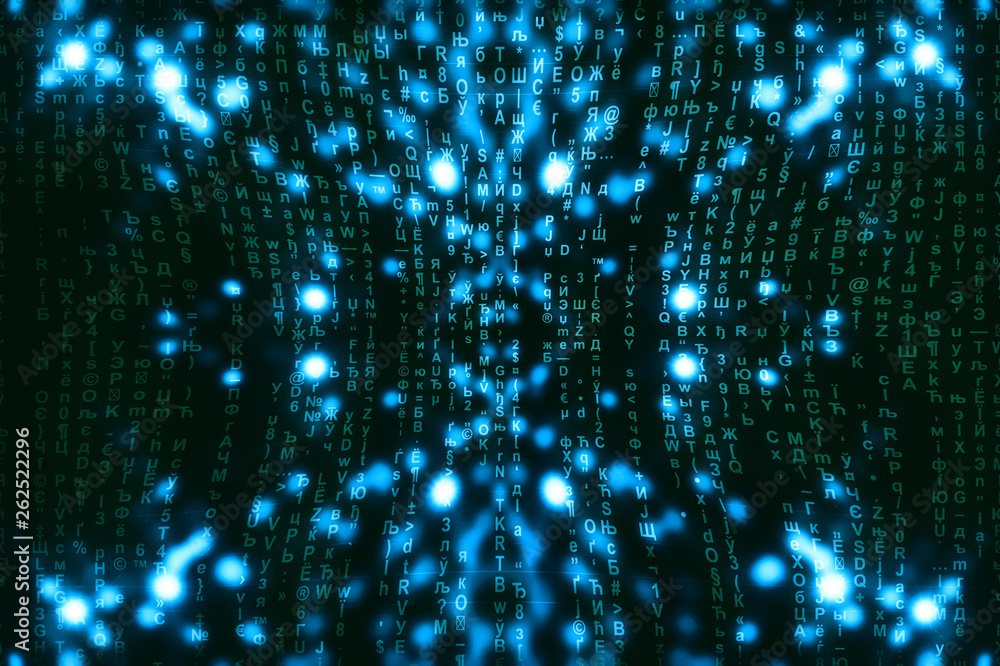 Blue green matrix digital background. Abstract cyberspace concept. Green characters fall down. Matrix from symbols stream. Virtual reality design. Complex algorithm data hacking. Cyan digital sparks. Blue green matrix digital background. Abstract cyberspace concept. Green characters fall down. Matrix from symbols stream. Virtual reality design. Complex algorithm data hacking. Cyan digital sparks.