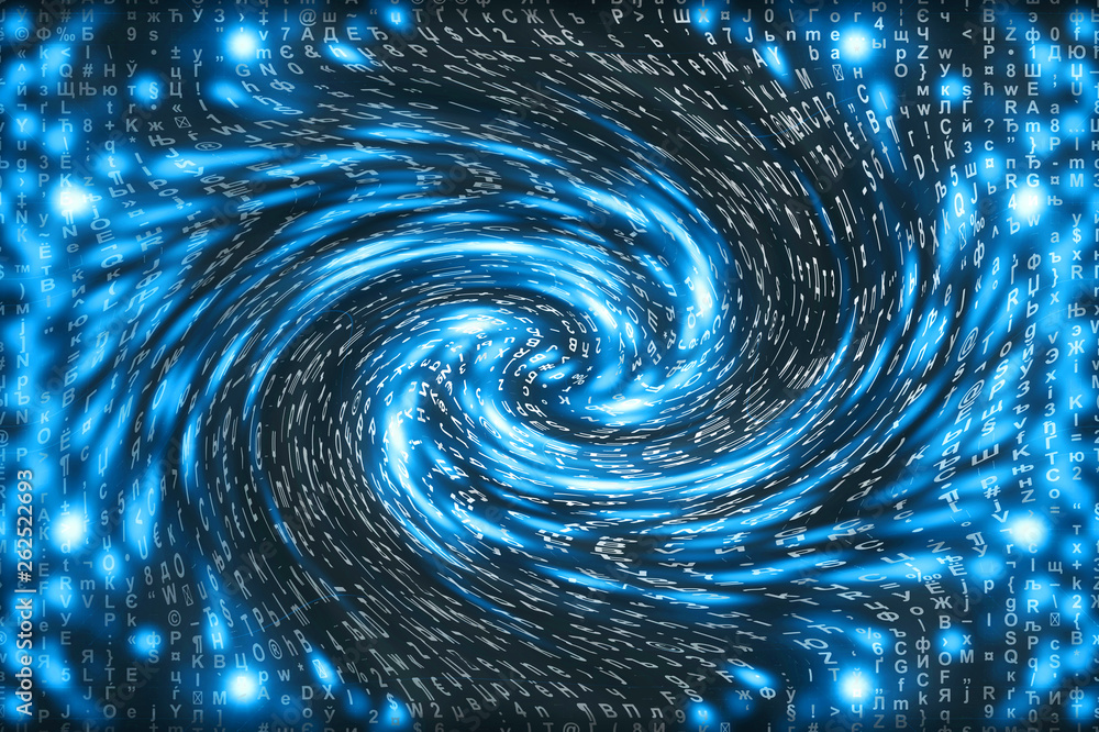 Blue matrix digital background. Distorted cyberspace concept. Characters fall down in wormhole. Hacked matrix. Virtual reality design. Complex algorithm data hacking. Cyan digital sparks. Blue matrix digital background. Distorted cyberspace concept. Characters fall down in wormhole. Hacked matrix. Virtual reality design. Complex algorithm data hacking. Cyan digital sparks.
