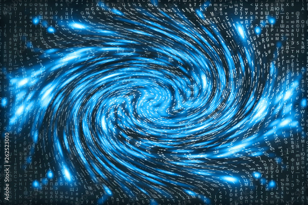 Blue matrix digital background. Distorted cyberspace concept. Characters fall down in wormhole. Hacked matrix. Virtual reality design. Complex algorithm data hacking. Cyan digital sparks. Blue matrix digital background. Distorted cyberspace concept. Characters fall down in wormhole. Hacked matrix. Virtual reality design. Complex algorithm data hacking. Cyan digital sparks.