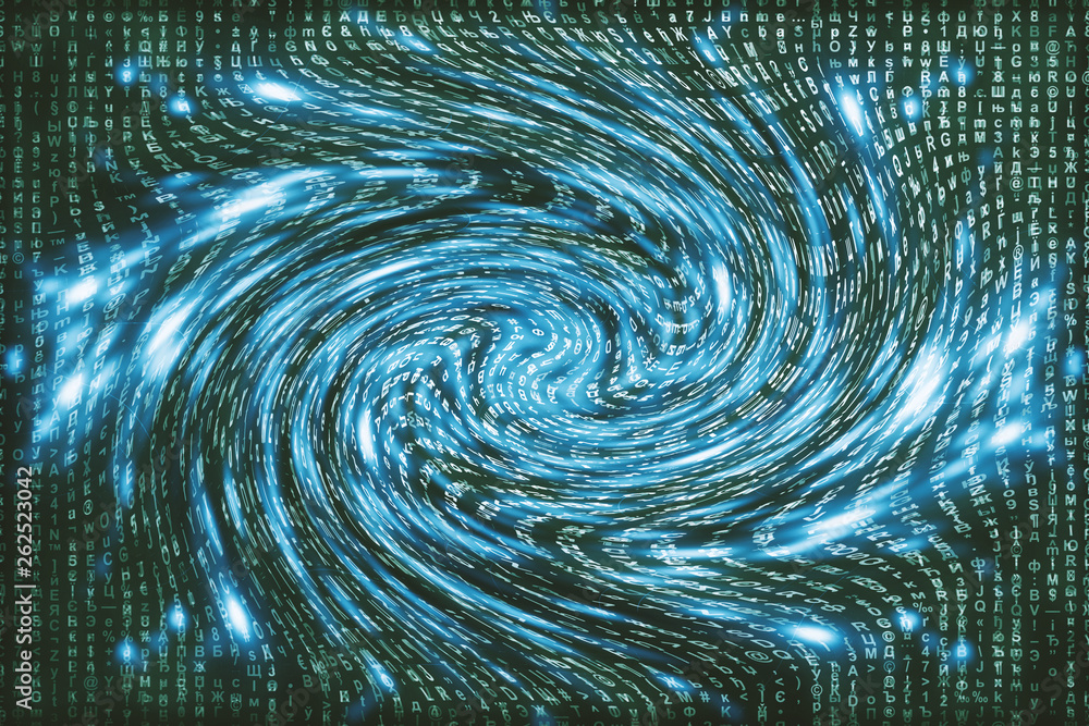 Blue matrix digital background. Distorted cyberspace concept. Characters fall down in wormhole. Hacked matrix. Virtual reality design. Complex algorithm data hacking. Cyan digital sparks.