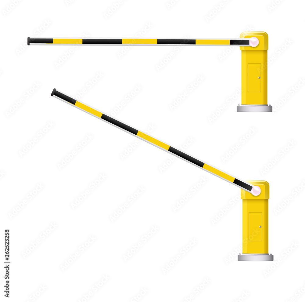 Fototapeta premium Detailed vector illustration of a black and yellow striped car barrier with stop sign.