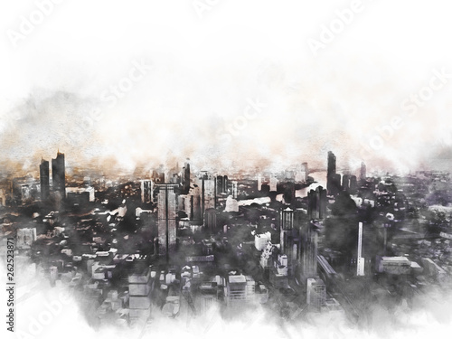 Beautiful capital city in the sunrise evening on watercolor illustration painting background.