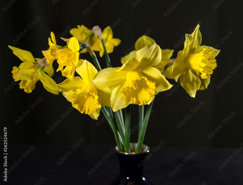 bouquet of yellow daffodils in a blue vase against a dark background