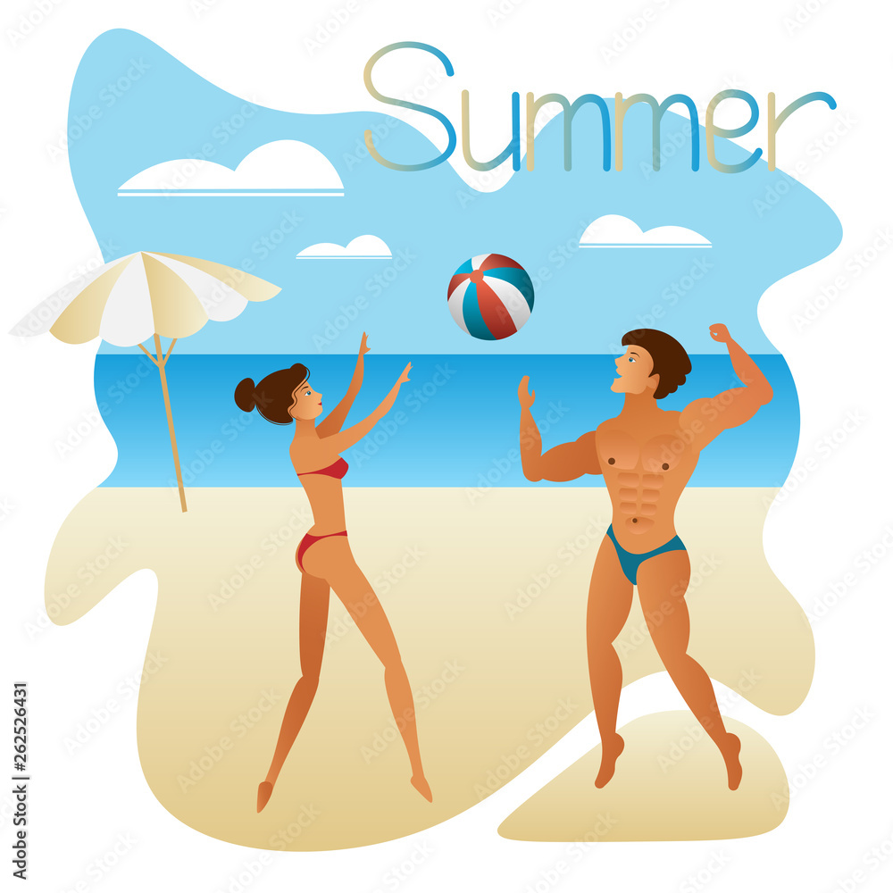 Young tanned sports people on the beach by the sea play volleyball. Beautiful man and woman actively relax in nature by the water. Flat design, vector illustration.