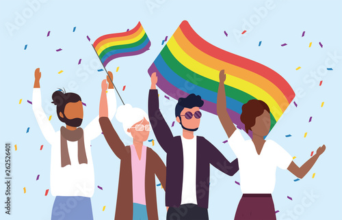 women and men community with rainbow flags to parade