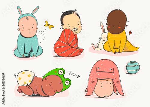 Cute little newborn babies in various poses. Various nationalities. Different races. Hand drawn vector set. Colorful trendy illustration. All elements are isolated