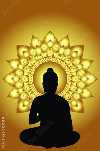 Silhouette Siddhartha gautama with Dharma Wheel and gold glowing background