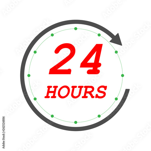 Open 24 hours icon for shop or delivery service. eps10. Twenty four hours open service clock with arrow.
