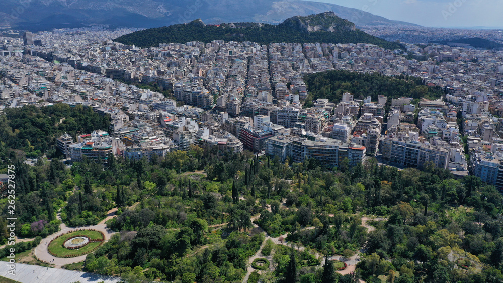 Aerial drone photo of gardens in iconic Park of Field of Ares or Pedio tou Areos, Athens historic centre, Attica, Greece  
