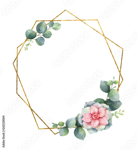 Watercolor vector composition from the branches of eucalyptus, flowers of succulents and gold geometric frame.