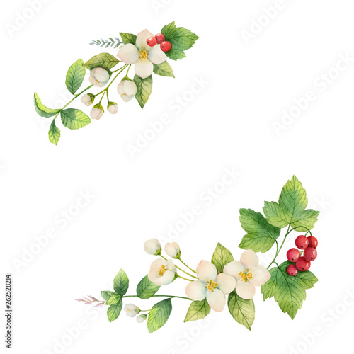 Watercolor vector wreath of Jasmine and red currant flowers.