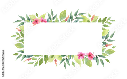 Watercolor vector banner with green branches and flowers isolated on white background.
