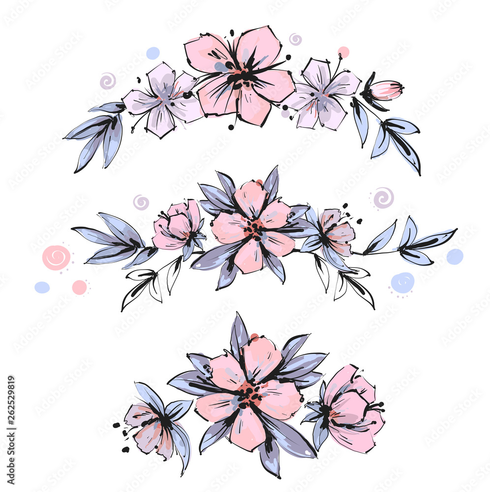 Set of the floral arrangements. Pink apple tree flowers with leaves. Vector romantic garden flowers.