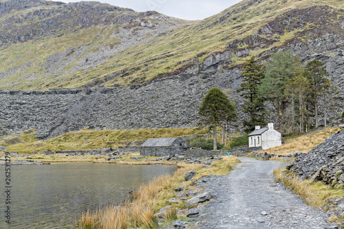 A view of the lake on the Cwmorthin Waterfall trail in the mountains of Snowdonia National Park, Wales. photo