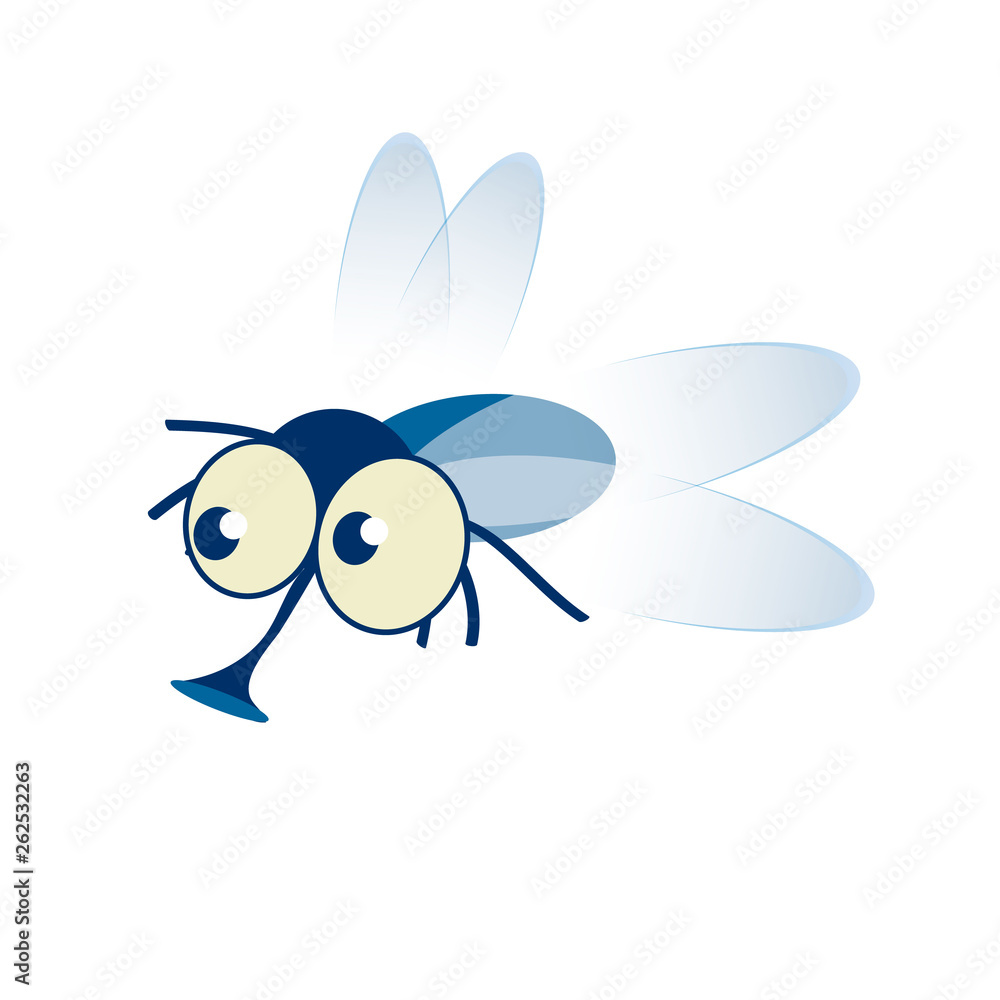 Cute little cartoon fly insect in blue with big googly eyes and a protruding proboscis Cute little cartoon fly insect in blue with big googly eyes and a protruding proboscis