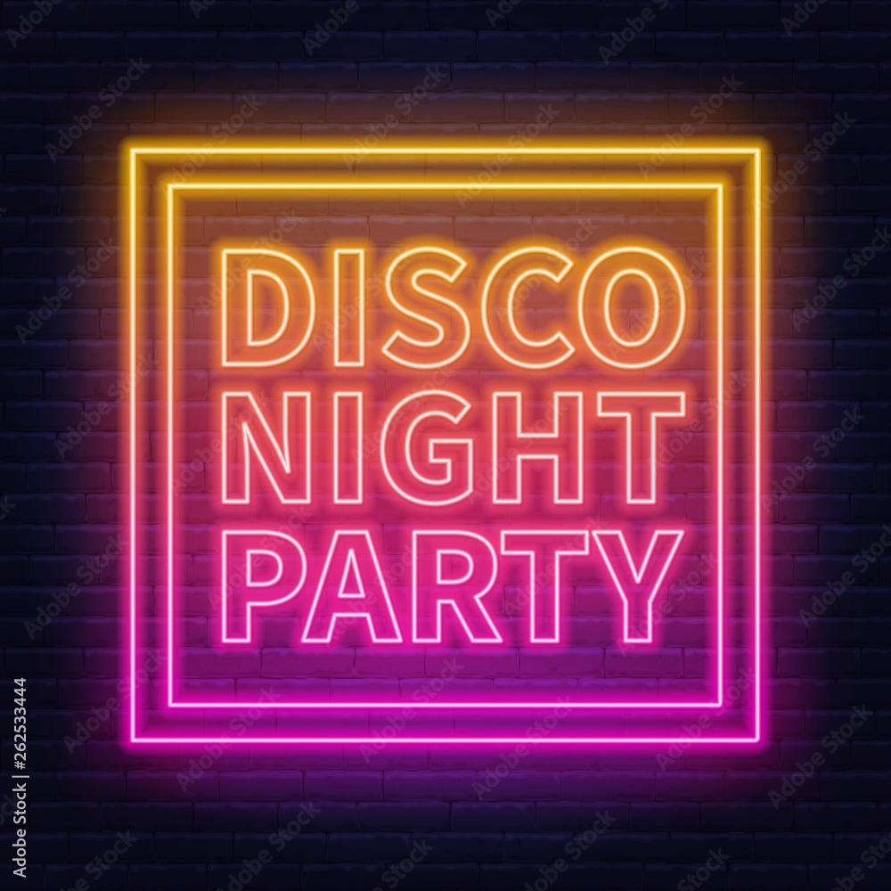 Neon lettering disco night party on brick wall background.