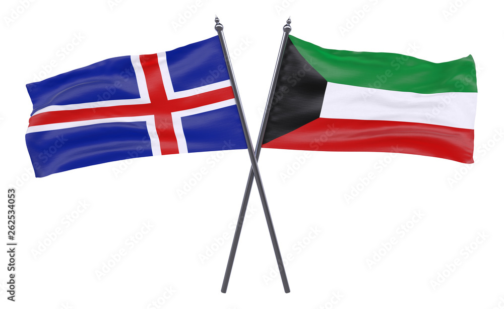 Iceland and Kuwait, two crossed flags isolated on white background. 3d image