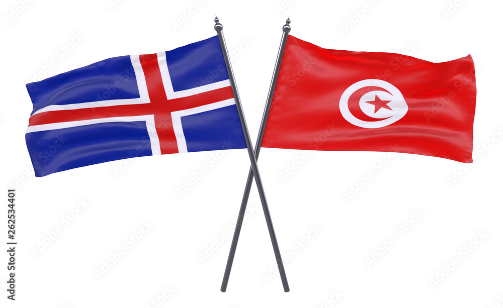 Iceland and Tunisia, two crossed flags isolated on white background. 3d image
