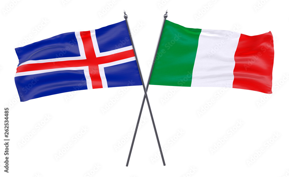 Iceland and Italy, two crossed flags isolated on white background. 3d image