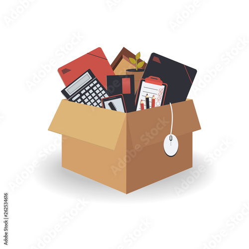 Concept of moving to new office. Cardboard brown box 3d with folders in trendy colours coral navy, wooden frame, pen,pencils, to do list,planner, envelope, plant,mouse,mobile phone.Vector illustration