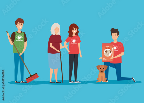 boys and girl with old woman and food dog donation