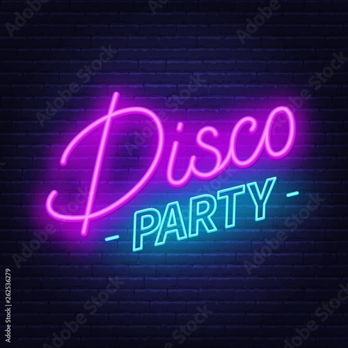 Neon sign Disco party on brick wall background.