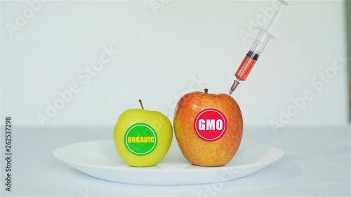 Hand Sticking Syringe into Red Apple Labeled GMO