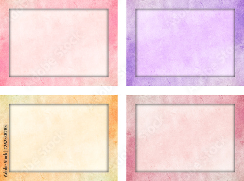 Set of four isolated picture franes with colored grunge texture and and a light color interior texture. Pink, Orange, Violet, Red 