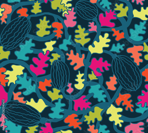 Colorful watermelon seamless pattern with dark blue. Messy watermelon plant with leaves and stems for backgrounds, fashion, textile, wrapping paper and wallpaper