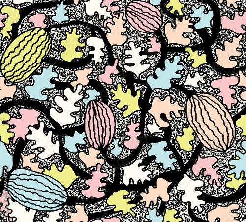 Complex watermelon seamless pattern in pastels colors and black. Messy watermelon plant with leaves and stems for backgrounds, fashion, textile, wrapping paper and wallpaper
