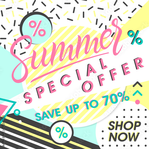 Summer special offer banner.Hand drawn lettering summer with geometric elements in memphis style. Sale season card perfect for prints, flyers,banners, promotion,special offer and more.