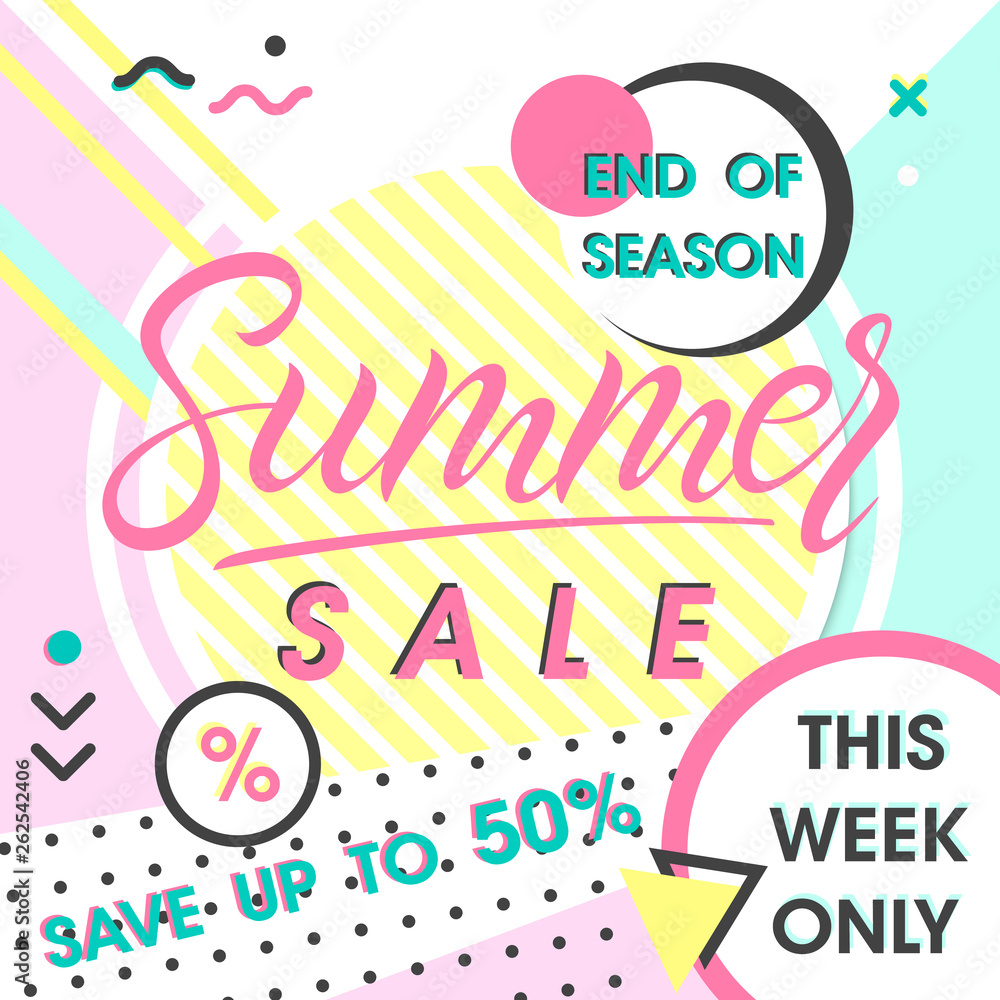 Summer sale banner.Hand drawn lettering summer with geometric elements in memphis style.Sale season card perfect for prints, flyers,banners, promotion,special offer and more.
