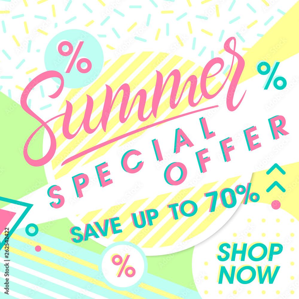 Summer special offer banner.Hand drawn lettering summer with geometric elements in memphis style. Sale season card perfect for prints, flyers,banners, promotion,special offer and more.