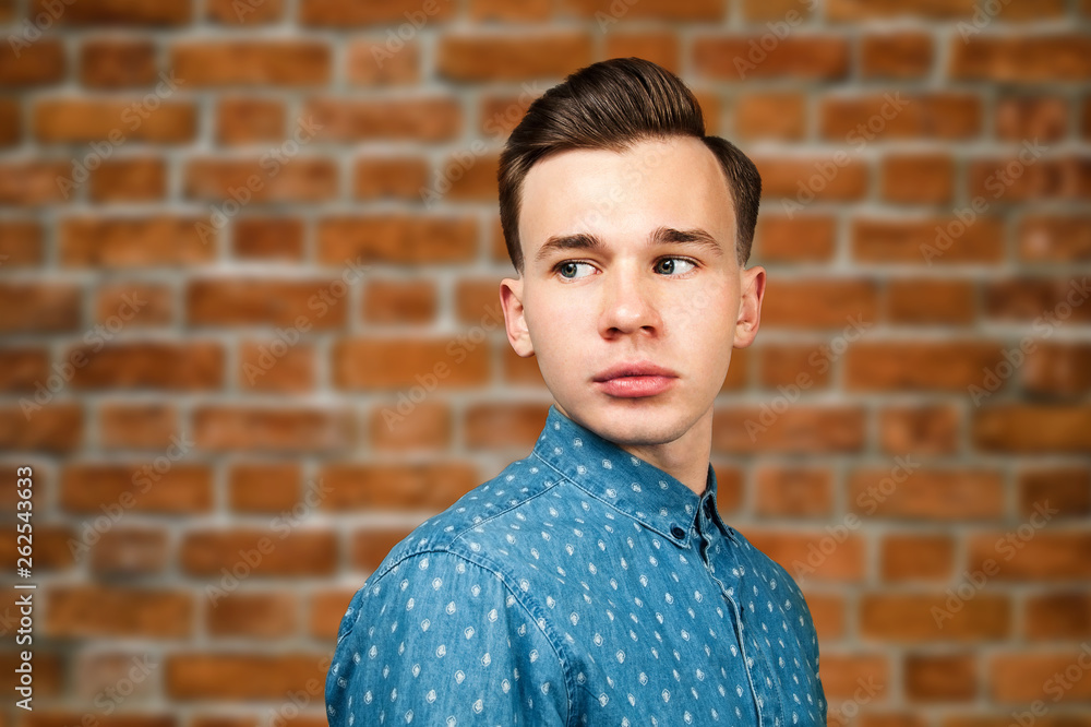 portrait white young guy model dressed in blue shirt looking at the camera on brick wall background portrait white young guy model dressed in blue shirt looking at the camera on brick wall background