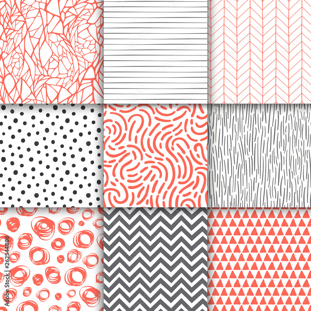 Fototapeta premium Abstract hand drawn geometric simple minimalistic seamless patterns set. Polka dot, stripes, waves, random symbols textures. Vector illustration