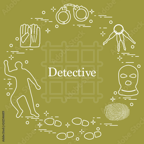 Criminal and detective elements. Crime, law and justice vector icons.