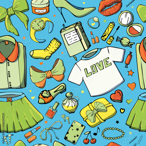 Vector seamless patterns with girls stuff. Fashion illustration with women's clothing, jewelry, cosmetics, gifts and romance. Actual vector drawing of cute things. Interests of a young girl.