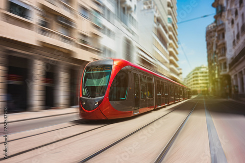 view of tram passing on railways in the city center of Casablanca, Morocco