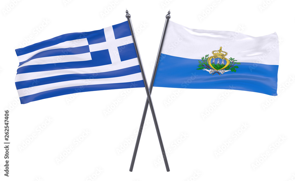 Obraz premium Greece and San Marino, two crossed flags isolated on white background. 3d image
