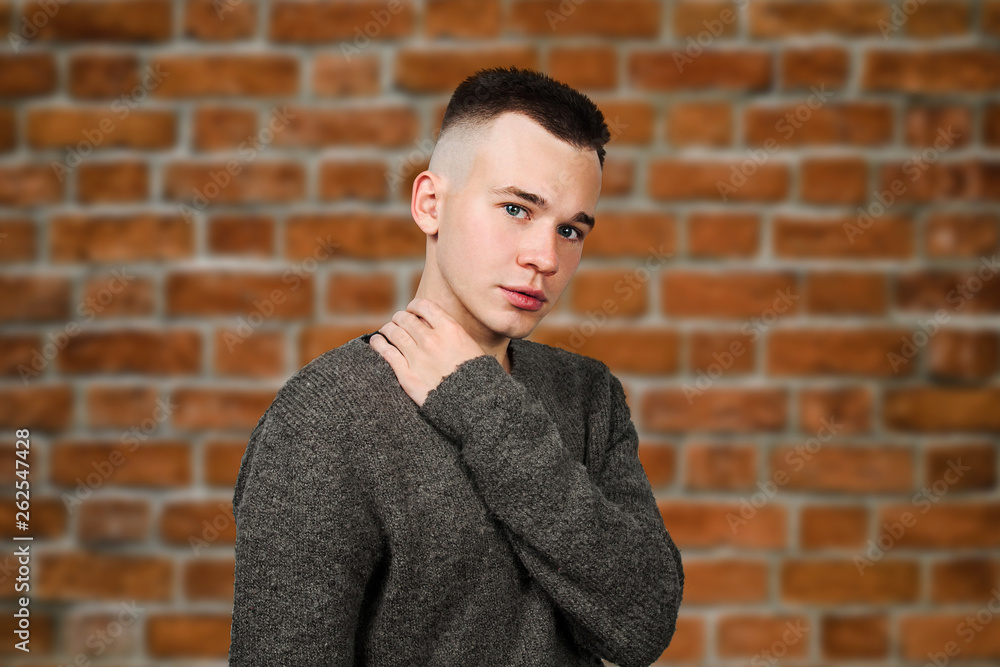 Portrait of white yong guy in gray sweater and short haircut, on brick wall background Portrait of white yong guy in gray sweater and short haircut, on brick wall background