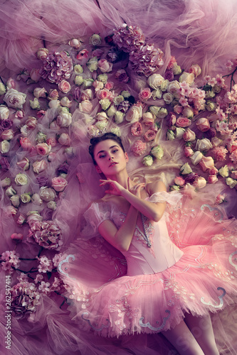 Basking in the sunset. Top view of beautiful young woman in pink ballet tutu surrounded by flowers. Spring mood and tenderness in coral light. Art photo. Concept of spring, blossom, nature's awakening photo