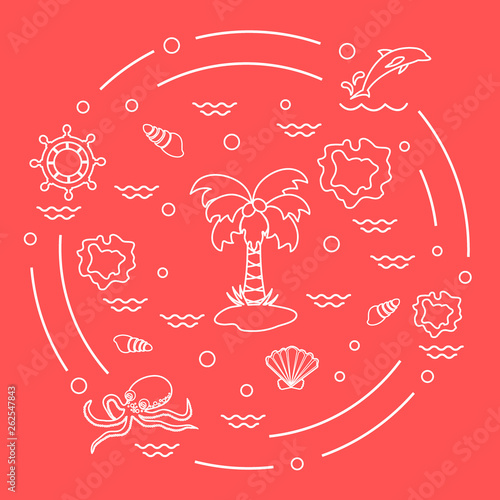 Cute vector illustration with different objects related to tourism and outdoor recreation arranged in a circle. photo