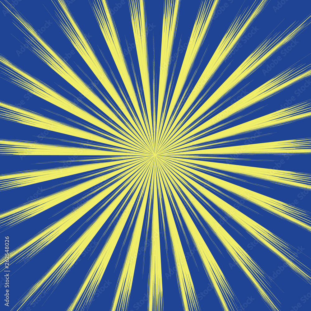 Obraz premium Sun yellow rays on blue background. Sun with long rays wallpaper, vector eps10.