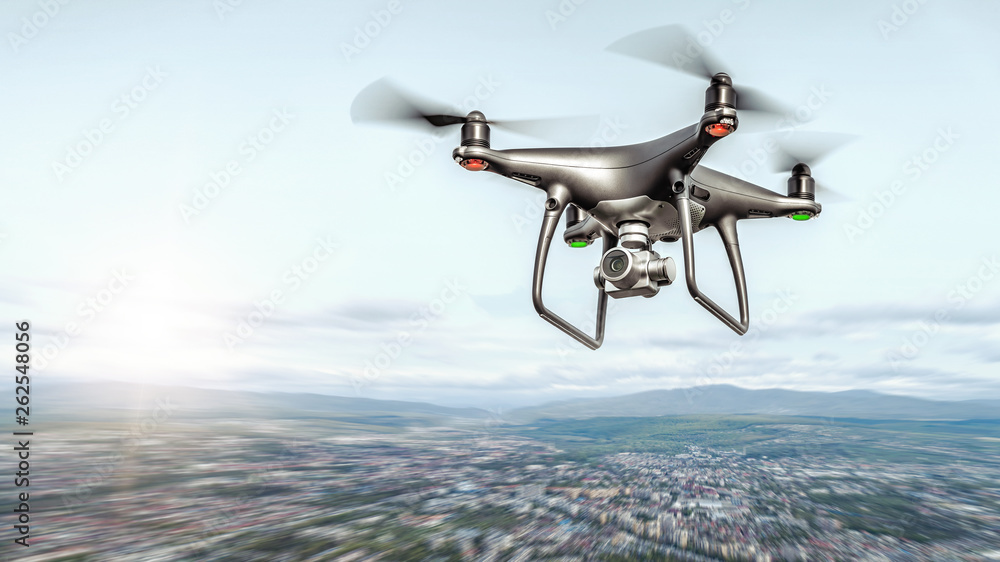 Dark drone in flight over the city. Dark drone in flight over the city.