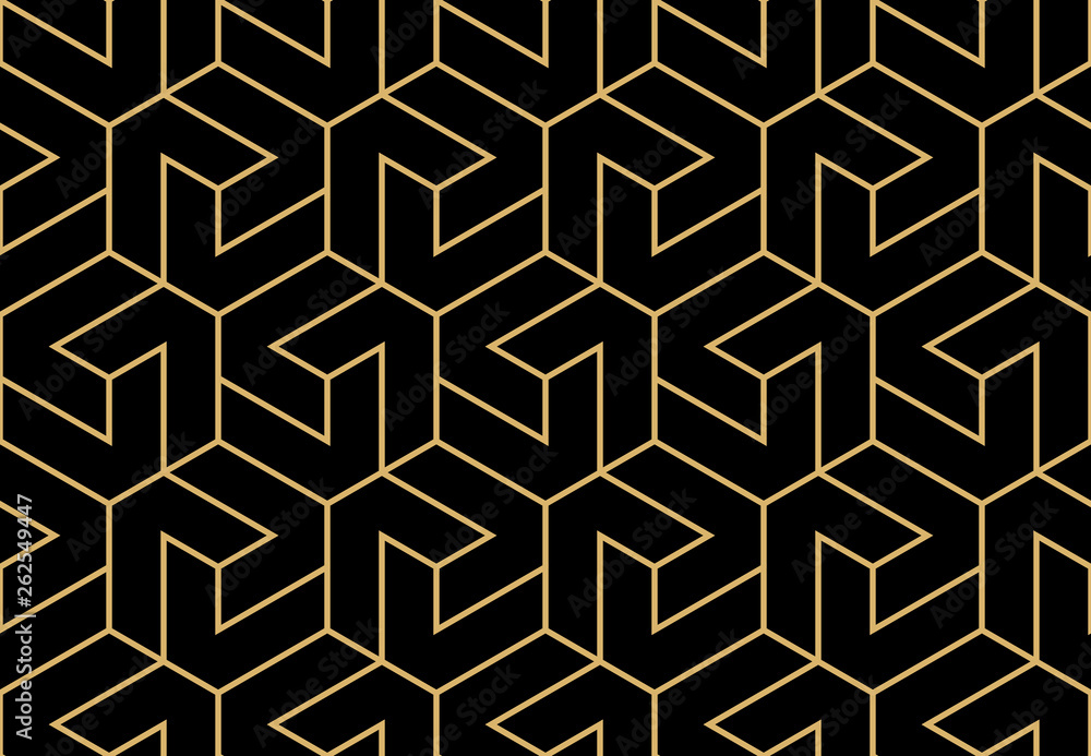 Foto auf Acrylglas mit Abstraktes geometrisches Muster mit Streifen, Linien. Nahtloser Vektorhintergrund. Gold und schwarze Verzierung. Einfaches Gittergrafikdesign #262549447