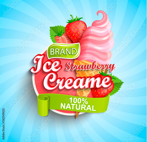 Strawberry Ice cream logo on sunburst background with berries and sundae in cone in cartoon style for your design.Gelato for banner,poster,brand,template and label,packaging,packing, emblem. Vector