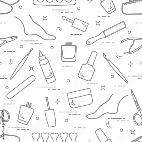 Pattern of manicure and pedicure tools and products for beauty and care.