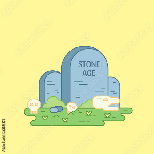 Stone age line vector with stone and scull
