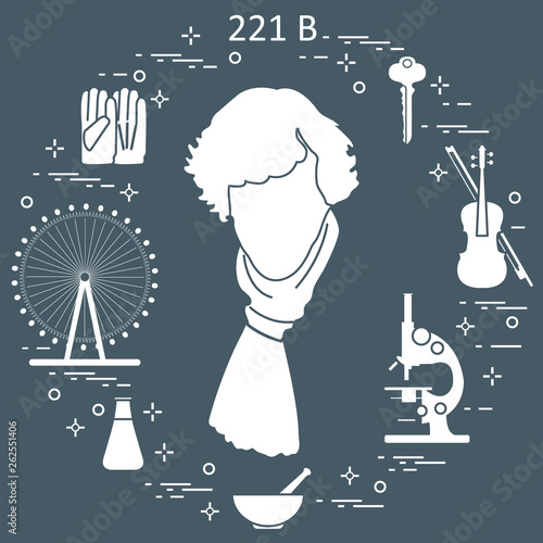 Private detective Sherlock Holmes with variety tools and equipment. The hero of the popular TV series.