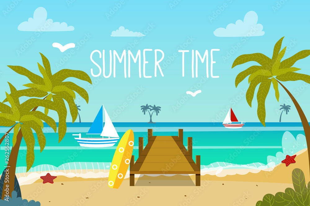 Beautiful beach, boats , palm trees and ocean. Summer beach in cartoon style. Vector.